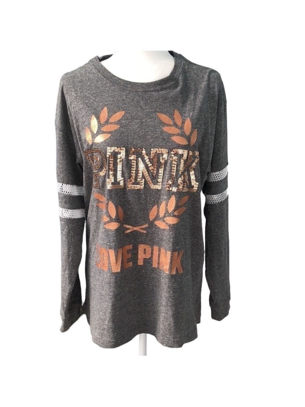 Victoria's Secret Pink Bling Campus Long Sleeve Tee Heather Gray Rose Gold Small - Picture 2 of 13